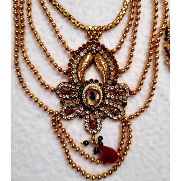 Goldtone Red Green India Ethnic Necklace Lot Bollywood Festoon Choker Glam Boho - Picture 8 of 11